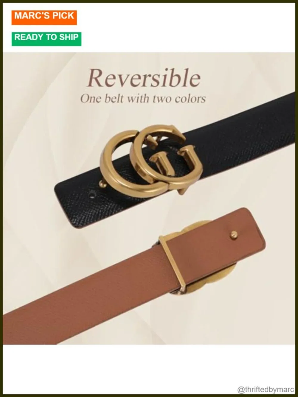 Reversible Leather Belt with Fashion Gold Buckle 1.1 Inch